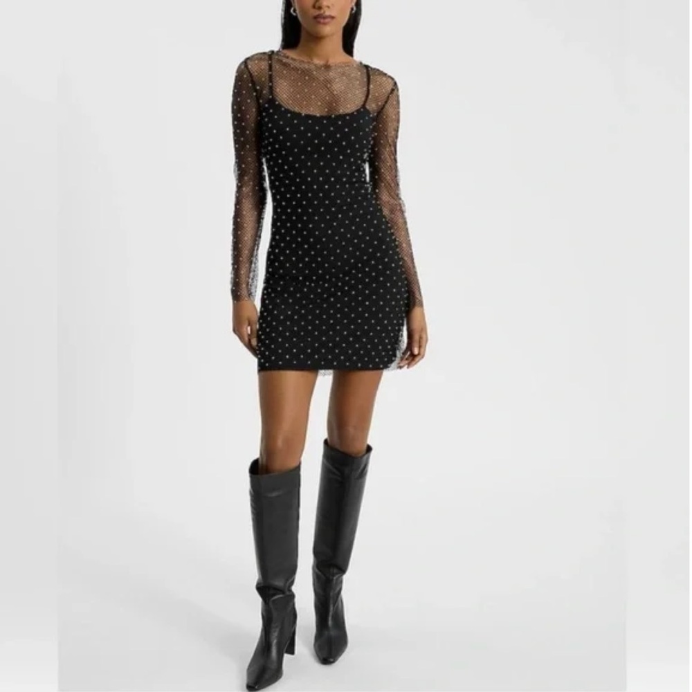 Express Mesh Rhinestone Long Sleeve Mini Dress